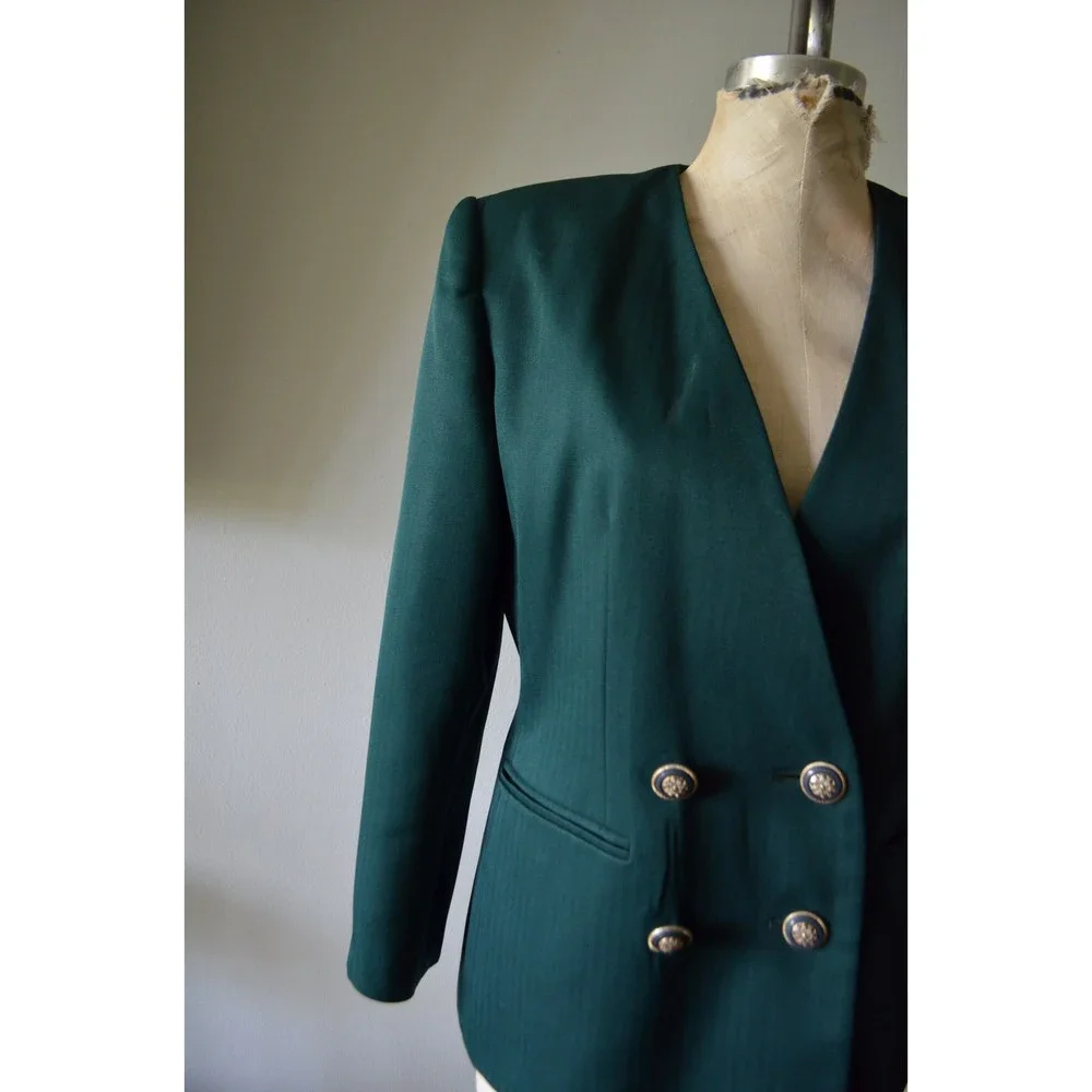 Vintage 80s Dark Green tailored green Woman Double breasted blazer - Picture 3 of 8